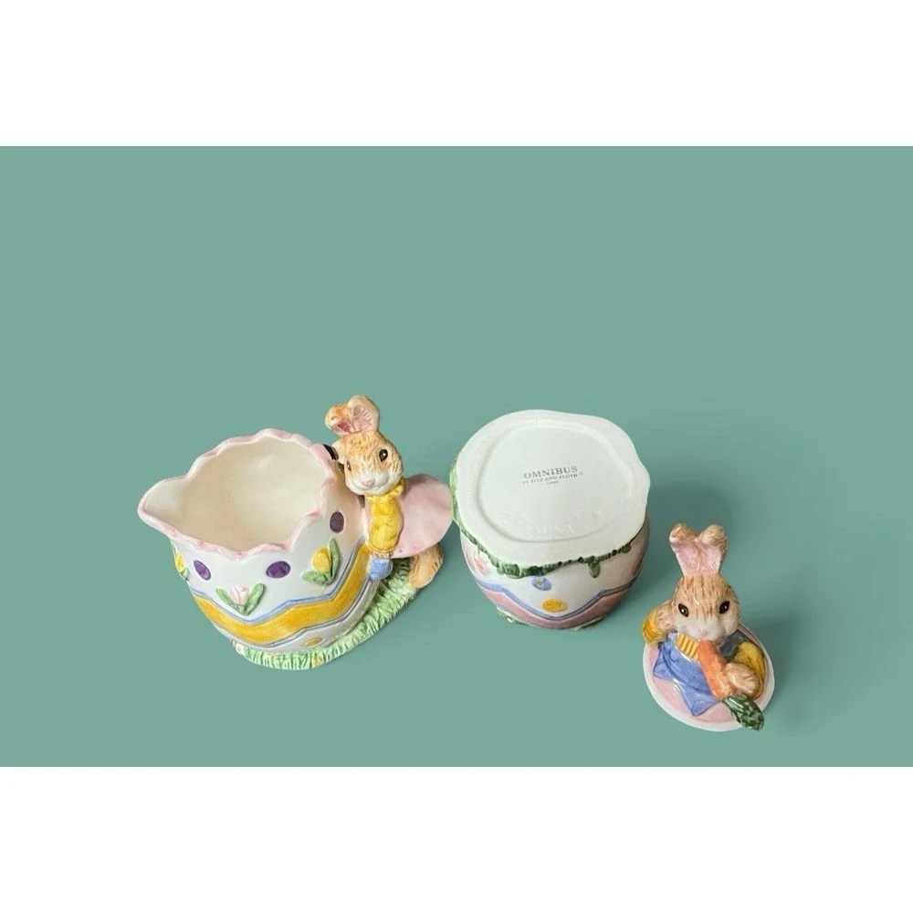 Fitz & Floyd Omnibus Egg-Spress Bunny Rabbit Creamer And Sugar Bowl Spring‎ READ